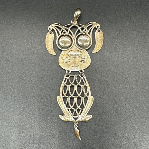 Vintage 1970s Kitsch Dog Pendant Swinging Articulated Movable Jewelry Statement - Picture 2 of 7